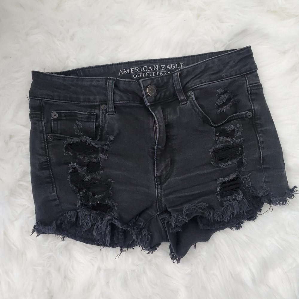 American Eagle Outfitters Charcoal Ripped High Waist Shorts